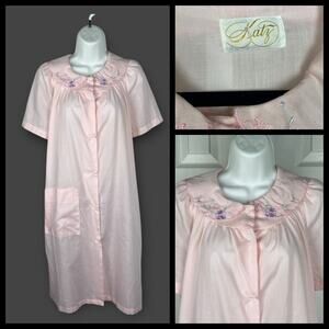 Katz House Coat Vintage 70s Pink Floral Embroidery Lightweight Coquette Large